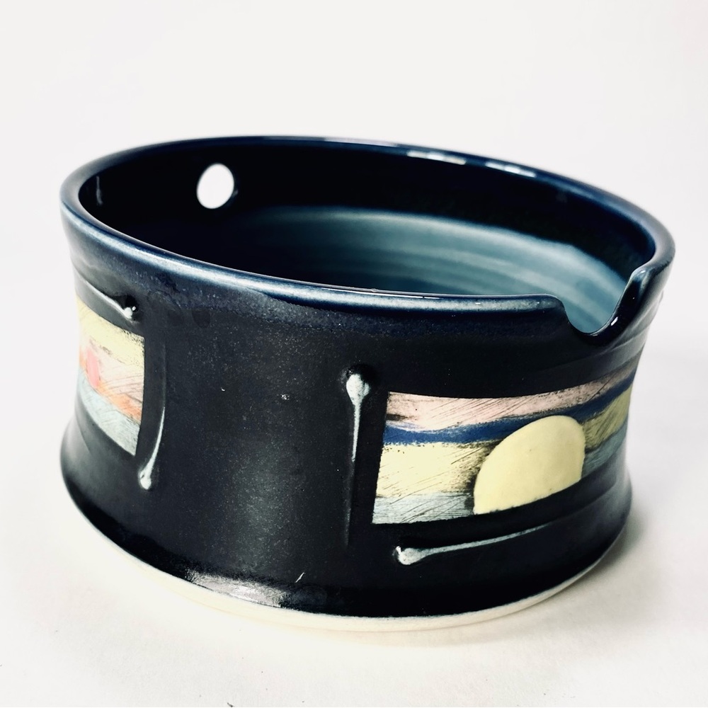 JP Artist Signed Handmade Ceramic Pottery Bowl Chopstick Rest Slot